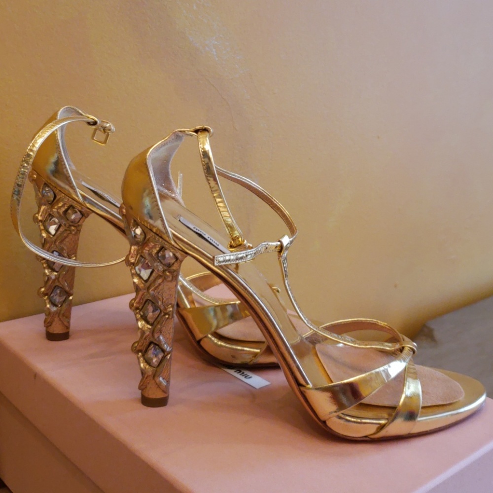 Miu Miu Metallic Gold Sandal with Jeweled Heel - Picture 2 of 7